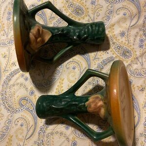 Roseville Art Pottery Pair Green Magnolia #1157 Candlestick Holders